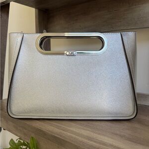 Michael Kors Silver Metallic Saffiano Cutout-Handle Clutch